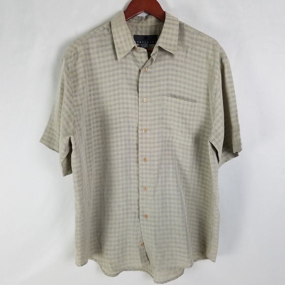 Consensus Mens Large Beige Black Plaid Short Sleeve Button Up Shirt Pocket - Picture 1 of 8